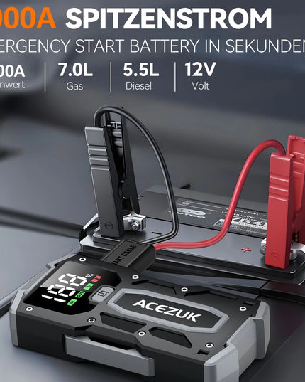 Automobilio Užvedėjas – Galingas Šuolių Starteris 5000A 12V Akumuliatoriaus Pakrovėjas iki 7.0L Benzino arba 5.5L Dyzelio Su LED Žibintuvėliu ir LCD Ekranu