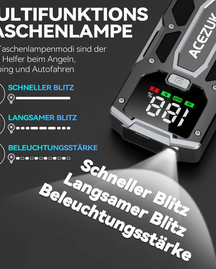 Automobilio Užvedėjas – Galingas Šuolių Starteris 5000A 12V Akumuliatoriaus Pakrovėjas iki 7.0L Benzino arba 5.5L Dyzelio Su LED Žibintuvėliu ir LCD Ekranu