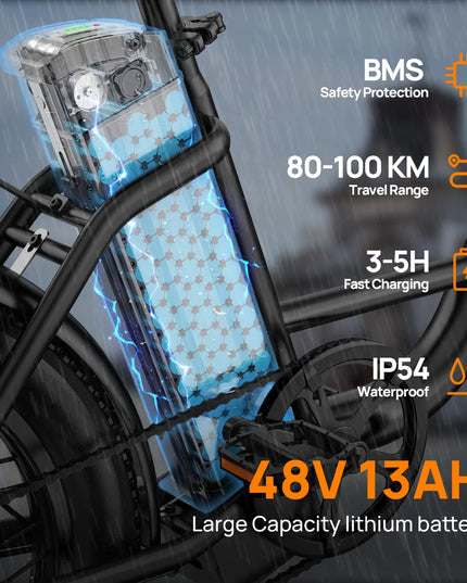 URLIFE E20 elektrinis dviratis, 48V 13Ah išimama baterija, 20x3 colių plačios padangos, 7 pavaros