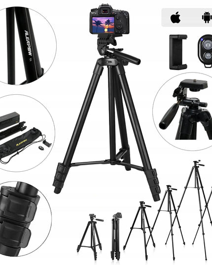 Aliuminis lengvas trikojis 39–135 cm, 0,5 kg, 3 viename + BT nuotolinio valdymo pultelis, telefono laikiklis + KREPŠYS