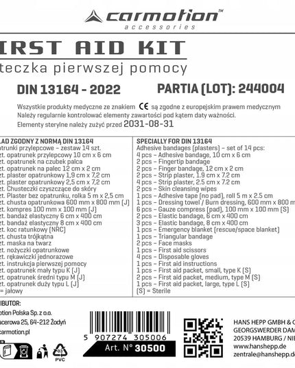 DIN 13164 pirmosios pagalbos vaistinėlė, raudonas medžiaginis dėklas su žirklėmis