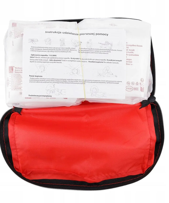 DIN 13164 pirmosios pagalbos vaistinėlė, raudonas medžiaginis dėklas su žirklėmis