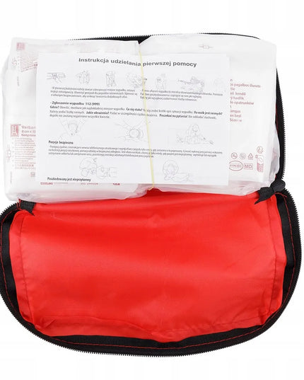 DIN 13164 pirmosios pagalbos vaistinėlė, raudonas medžiaginis dėklas su žirklėmis