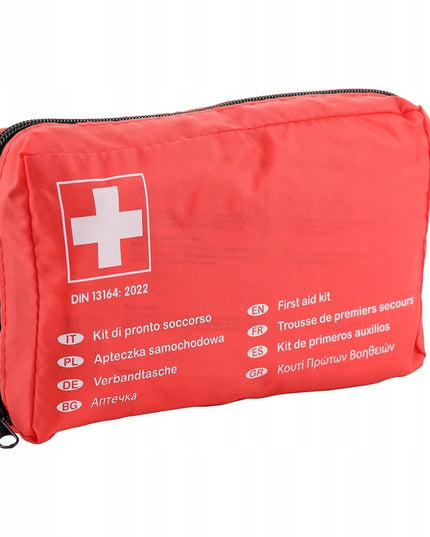 DIN 13164 pirmosios pagalbos vaistinėlė, raudonas medžiaginis dėklas su žirklėmis