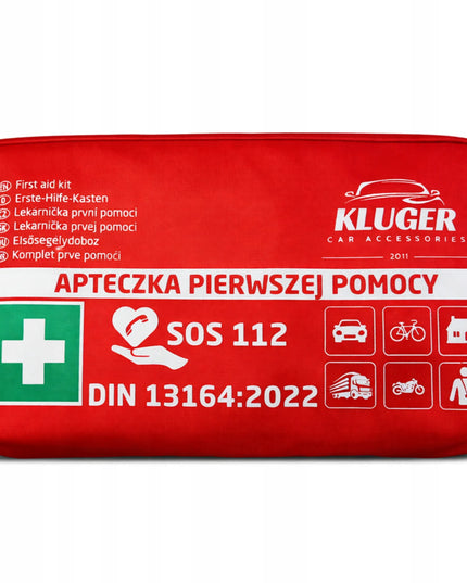 Raudona nailoninė pirmosios pagalbos vaistinėlė automobiliui KLUGER DIN 13164 su įranga, EU CE