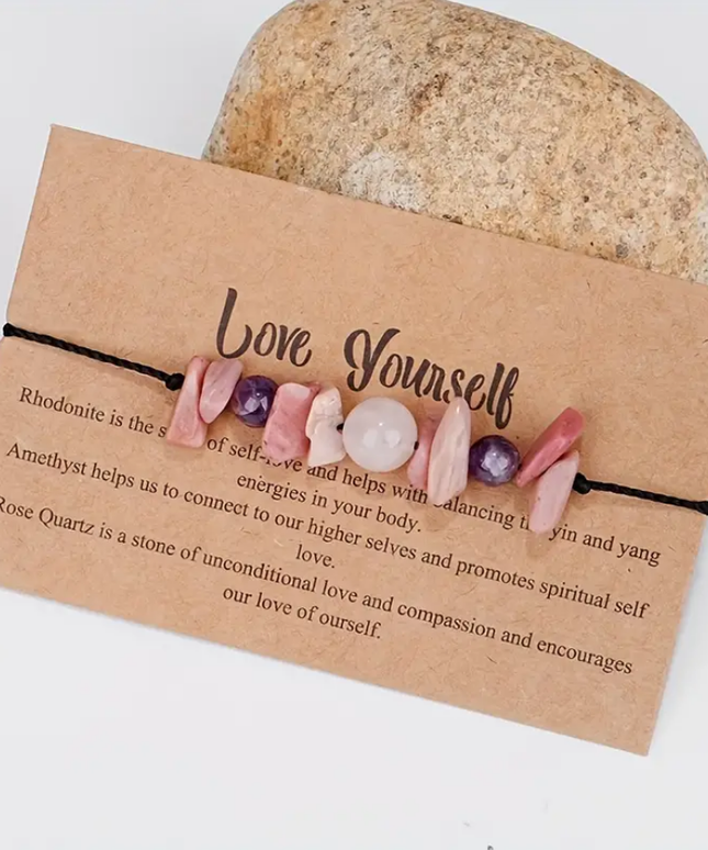 Gydomoji apyrankė "Mylėk save" rodonitas, ametistas, rožinis kvarcas.