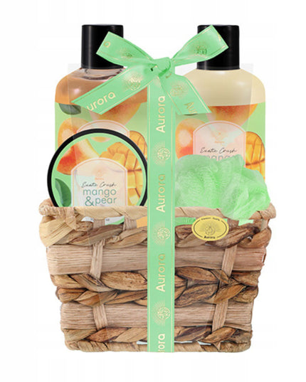 Aurora Dovanų rinkinys 4 kosmetikos priemonės pintame krepšelyje Mango ir kriaušės