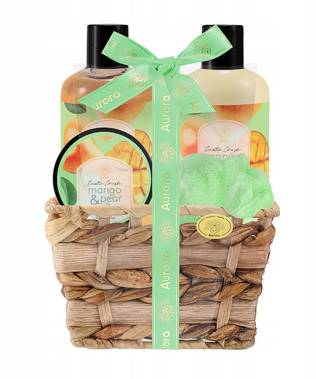 Aurora Dovanų rinkinys 4 kosmetikos priemonės pintame krepšelyje Mango ir kriaušės