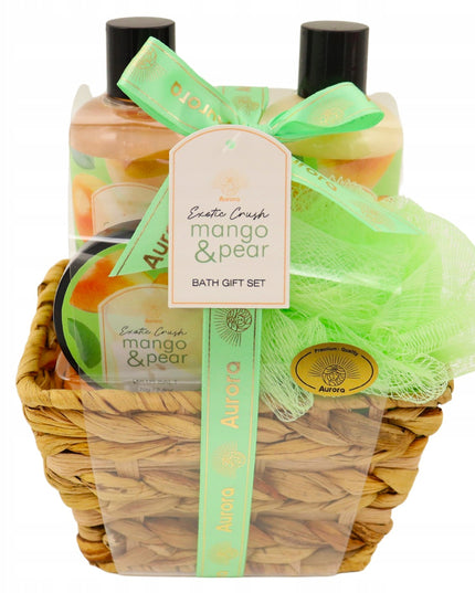 Aurora Dovanų rinkinys 4 kosmetikos priemonės pintame krepšelyje Mango ir kriaušės