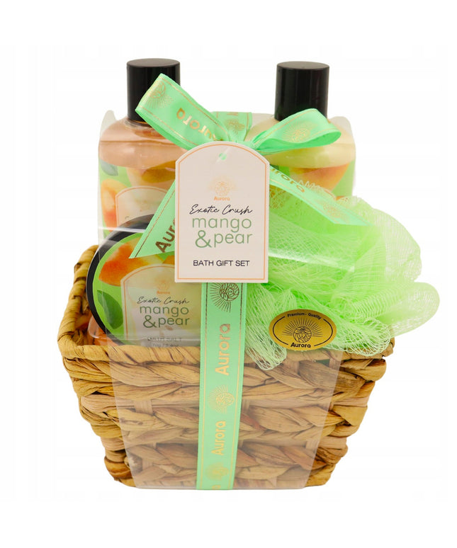 Aurora Dovanų rinkinys 4 kosmetikos priemonės pintame krepšelyje Mango ir kriaušės
