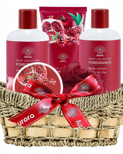 Aurora Dovanų rinkinys 4 kosmetikos priemonės vytelių pintame krepšelyje + prausimosi pirštinė Granatas