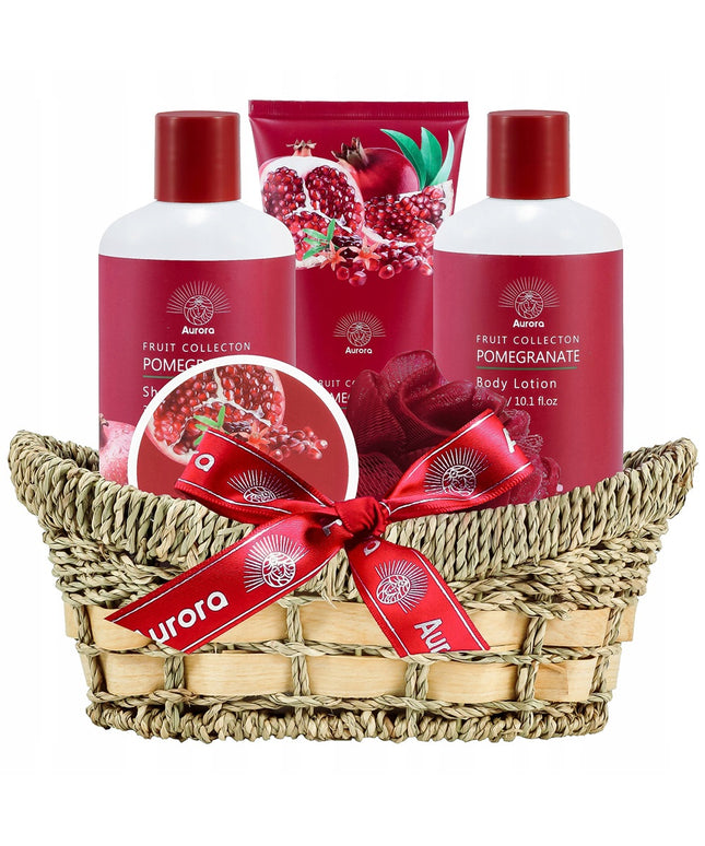 Aurora Dovanų rinkinys 4 kosmetikos priemonės vytelių pintame krepšelyje + prausimosi pirštinė Granatas