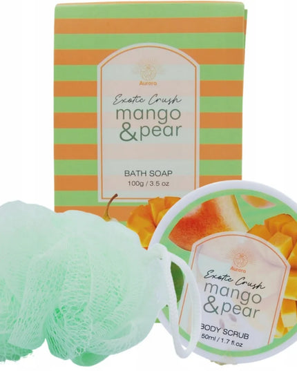 AURORA dovanų rinkinys, 5 kosmetikos priemonės su mango ir kriaušių aromatu, pintame krepšelyje