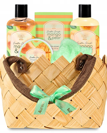 AURORA dovanų rinkinys, 5 kosmetikos priemonės su mango ir kriaušių aromatu, pintame krepšelyje