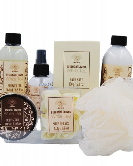 Aurora Dovanų rinkinys 7 kosmetikos priemonės metaliniame krepšelyje baltoji arbata