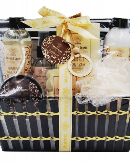 Aurora Dovanų rinkinys 7 kosmetikos priemonės metaliniame krepšelyje baltoji arbata