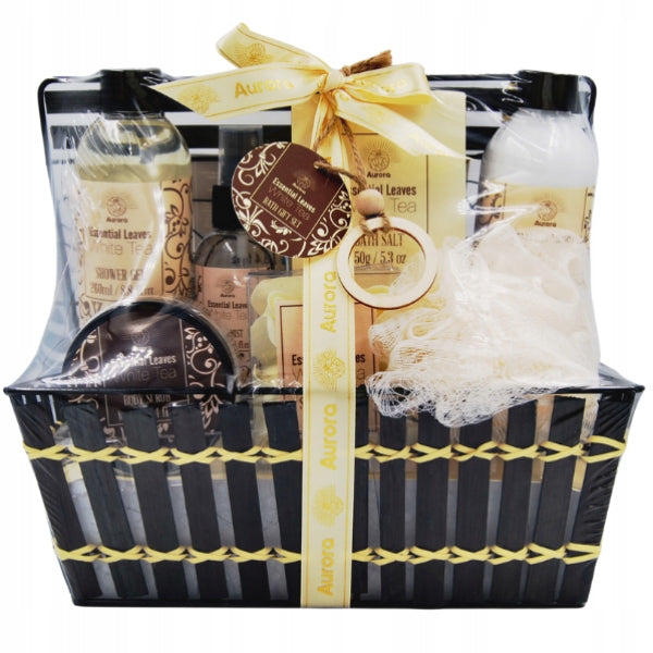 Aurora Dovanų rinkinys 7 kosmetikos priemonės metaliniame krepšelyje baltoji arbata