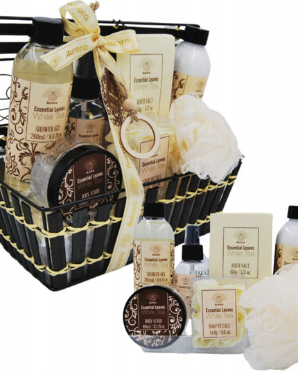 Aurora Dovanų rinkinys 7 kosmetikos priemonės metaliniame krepšelyje baltoji arbata