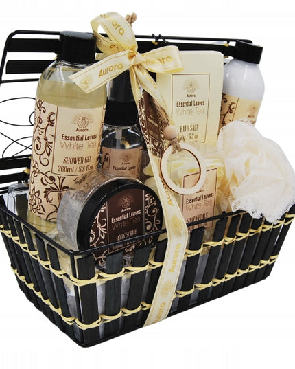 Aurora Dovanų rinkinys 7 kosmetikos priemonės metaliniame krepšelyje baltoji arbata