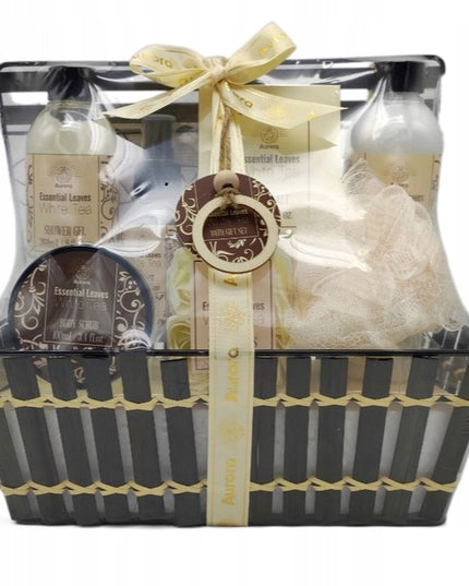 Aurora Dovanų rinkinys 7 kosmetikos priemonės metaliniame krepšelyje baltoji arbata