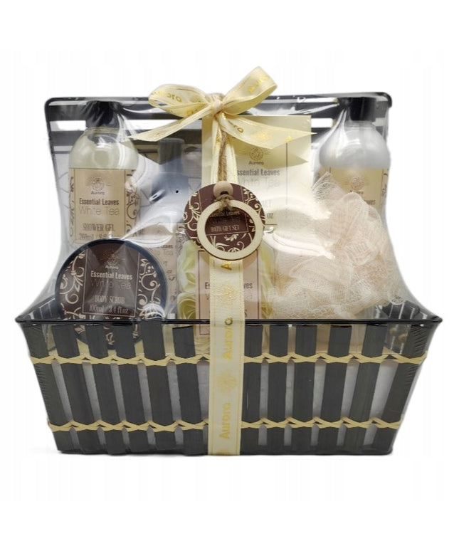 Aurora Dovanų rinkinys 7 kosmetikos priemonės metaliniame krepšelyje baltoji arbata