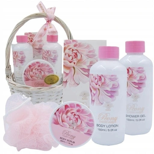 Aurora Dovanų rinkinys su kosmetika nertiniame krepšelyje su bijūnu Kalėdoms