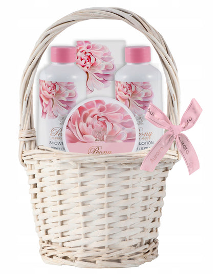 Aurora Dovanų rinkinys su kosmetika nertiniame krepšelyje su bijūnu Kalėdoms