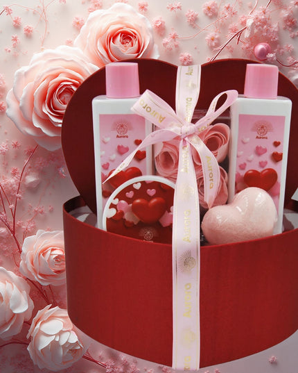 Aurora Dovanų rinkinys 5 kūno priežiūros kosmetikos priemonės raudona dėžutė širdis
