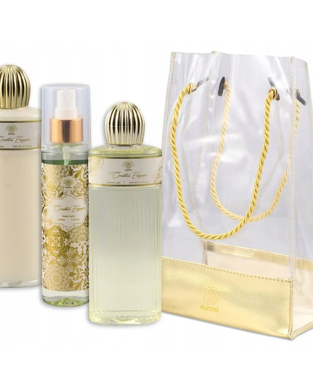 AURORA auksinis dovanų rinkinys – 3 kosmetikos priemonės elegantiškame krepšelyje (jazminų aromatas)