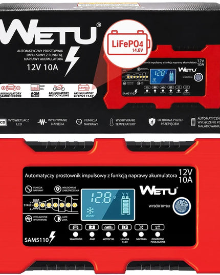 WETU automatinis 10 A įkroviklis 12 V LiFePO4, AGM ir geliniams akumuliatoriams
