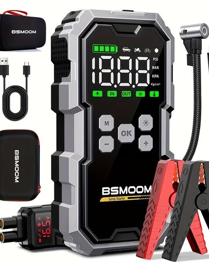 Automobilio užvedėjas su kompresoriumi BSMOOM 15000A 26800mAh – 12V paleidimo įrenginys su padangų pripūtėju 150 PSI, power bank ir LED žibintuvėliu, benzinui ir iki 10.0L dyzeliui