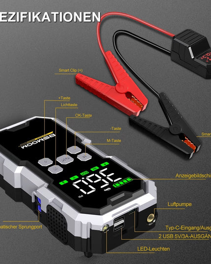 Automobilio užvedėjas su kompresoriumi BSMOOM 15000A 26800mAh – 12V paleidimo įrenginys su padangų pripūtėju 150 PSI, power bank ir LED žibintuvėliu, benzinui ir iki 10.0L dyzeliui