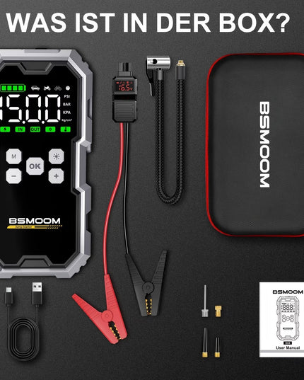 Automobilio užvedėjas su kompresoriumi BSMOOM 15000A 26800mAh – 12V paleidimo įrenginys su padangų pripūtėju 150 PSI, power bank ir LED žibintuvėliu, benzinui ir iki 10.0L dyzeliui