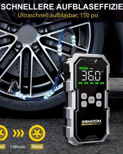 Automobilio užvedėjas su kompresoriumi BSMOOM 15000A 26800mAh – 12V paleidimo įrenginys su padangų pripūtėju 150 PSI, power bank ir LED žibintuvėliu, benzinui ir iki 10.0L dyzeliui