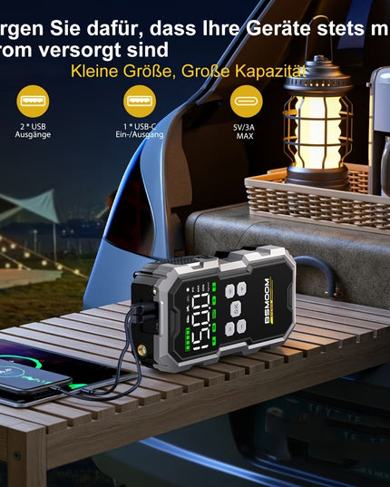 Automobilio užvedėjas su kompresoriumi BSMOOM 15000A 26800mAh – 12V paleidimo įrenginys su padangų pripūtėju 150 PSI, power bank ir LED žibintuvėliu, benzinui ir iki 10.0L dyzeliui