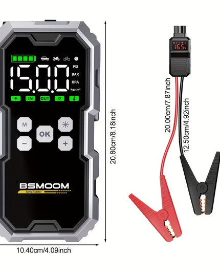 Automobilio užvedėjas su kompresoriumi BSMOOM 15000A 26800mAh – 12V paleidimo įrenginys su padangų pripūtėju 150 PSI, power bank ir LED žibintuvėliu, benzinui ir iki 10.0L dyzeliui