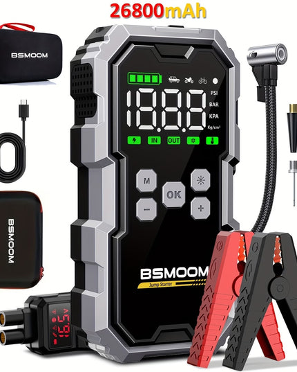 Automobilio užvedėjas su kompresoriumi BSMOOM 15000A 26800mAh – 12V paleidimo įrenginys su padangų pripūtėju 150 PSI, power bank ir LED žibintuvėliu, benzinui ir iki 10.0L dyzeliui