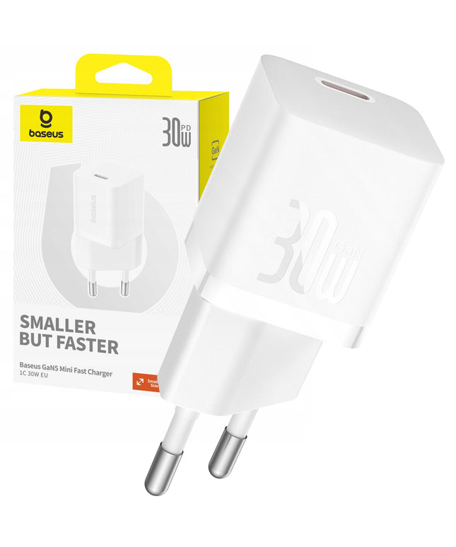 BASEUS Sieninis įkroviklis GaN 30W USB-C MINI KOMPAKTINIS telefonams ir planšetiniams kompiuteriams