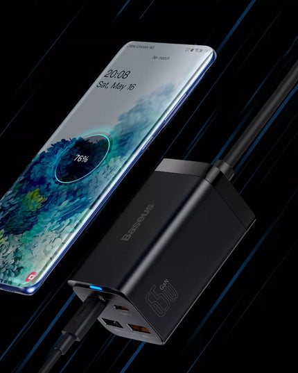 BASEUS GaN tinklo įkroviklis 2x USB-C 2x USB 65W PD QC 4.0 + KABELIS