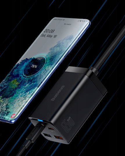 BASEUS GaN tinklo įkroviklis 2x USB-C 2x USB 65W PD QC 4.0 + KABELIS
