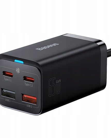 BASEUS GaN tinklo įkroviklis 2x USB-C 2x USB 65W PD QC 4.0 + KABELIS