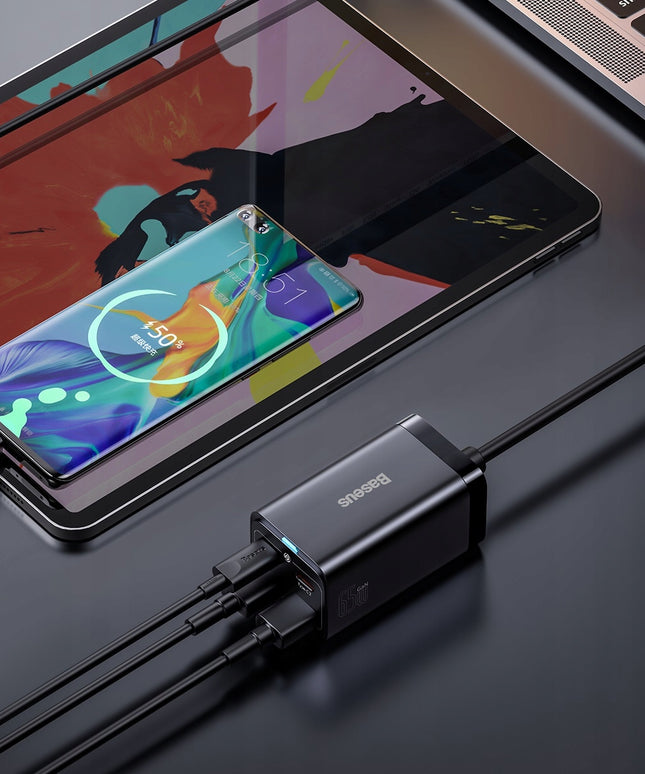 BASEUS GaN tinklo įkroviklis 2x USB-C 2x USB 65W PD QC 4.0 + KABELIS