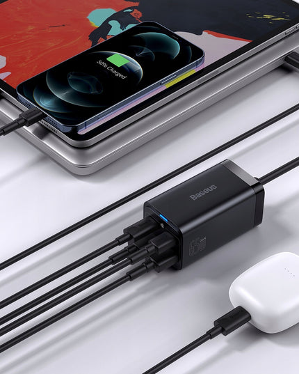 BASEUS GaN tinklo įkroviklis 2x USB-C 2x USB 65W PD QC 4.0 + KABELIS