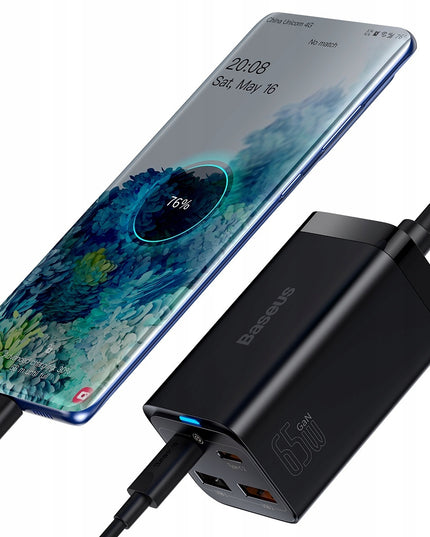 BASEUS GaN tinklo įkroviklis 2x USB-C 2x USB 65W PD QC 4.0 + KABELIS