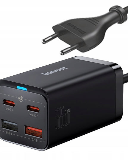 BASEUS GaN tinklo įkroviklis 2x USB-C 2x USB 65W PD QC 4.0 + KABELIS