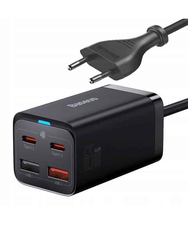 BASEUS GaN tinklo įkroviklis 2x USB-C 2x USB 65W PD QC 4.0 + KABELIS
