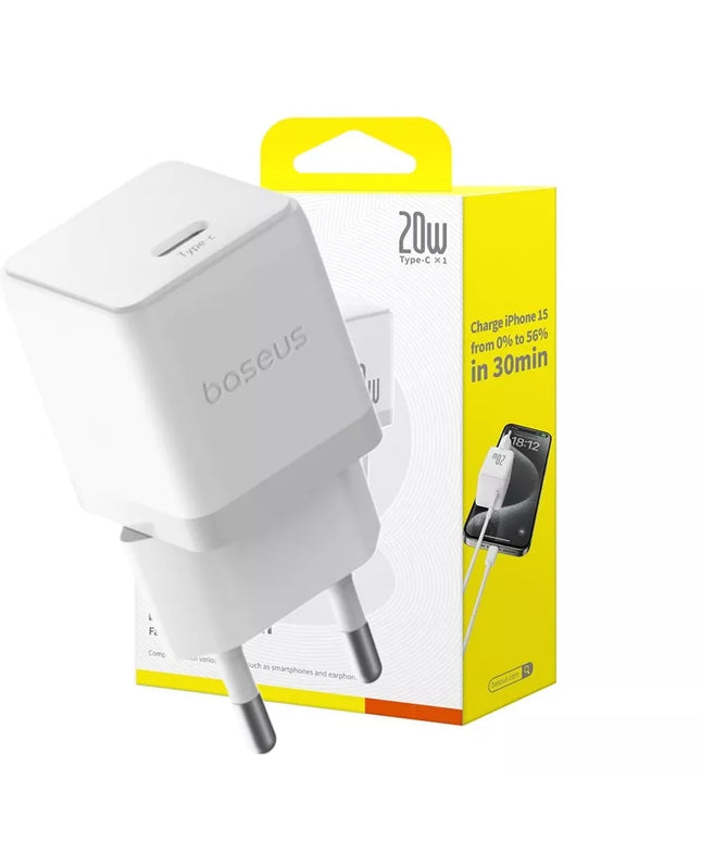 BASEUS tinklo įkroviklis, adapteris 20W USB-C Type-C greitas įkrovimas PD QC, baltas