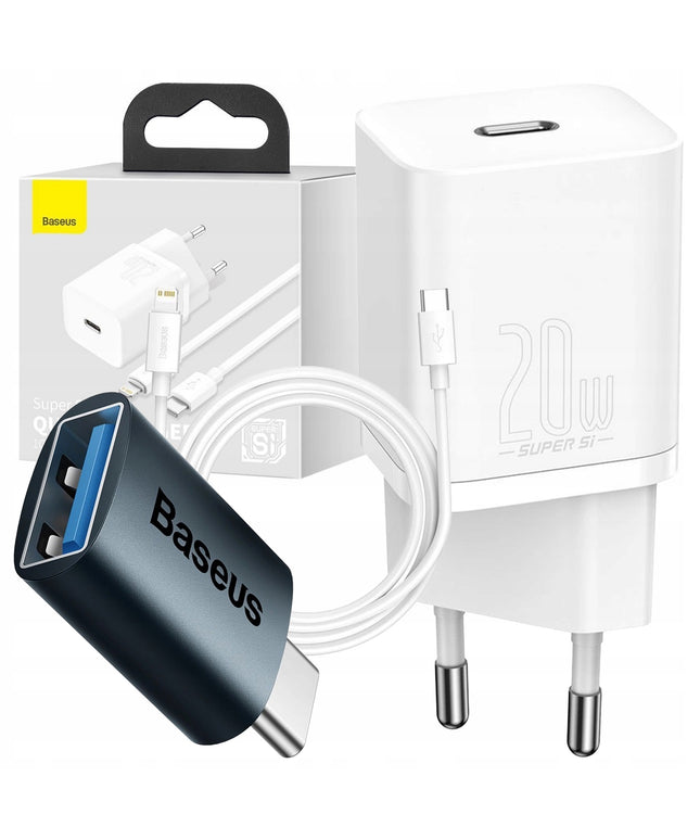 BASEUS Įkroviklis USB-C 20W 3A + „Lightning“ laidas + USB-C į USB OTG adapteris