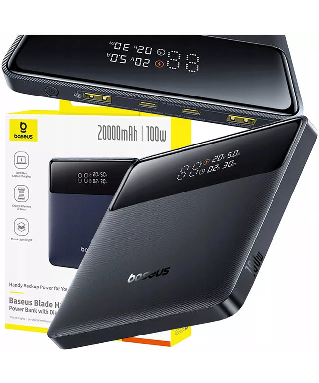 Galingas BASEUS 20000 mAh 100W išorinis akumuliatorius su greitojo įkrovimo funkcija, USB-C ir USB-A jungtimis