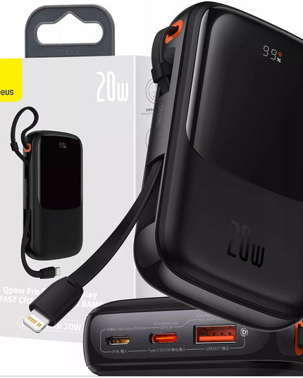 BASEUS išorinė baterija 10000 mAh 20W su integruotu Lightning kabeliu